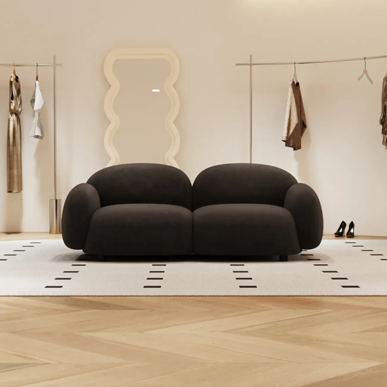 Modern Black Flannel Loveseat 3 Seater Upholstered Sofa for Living Room Image - 6 | homeyfad