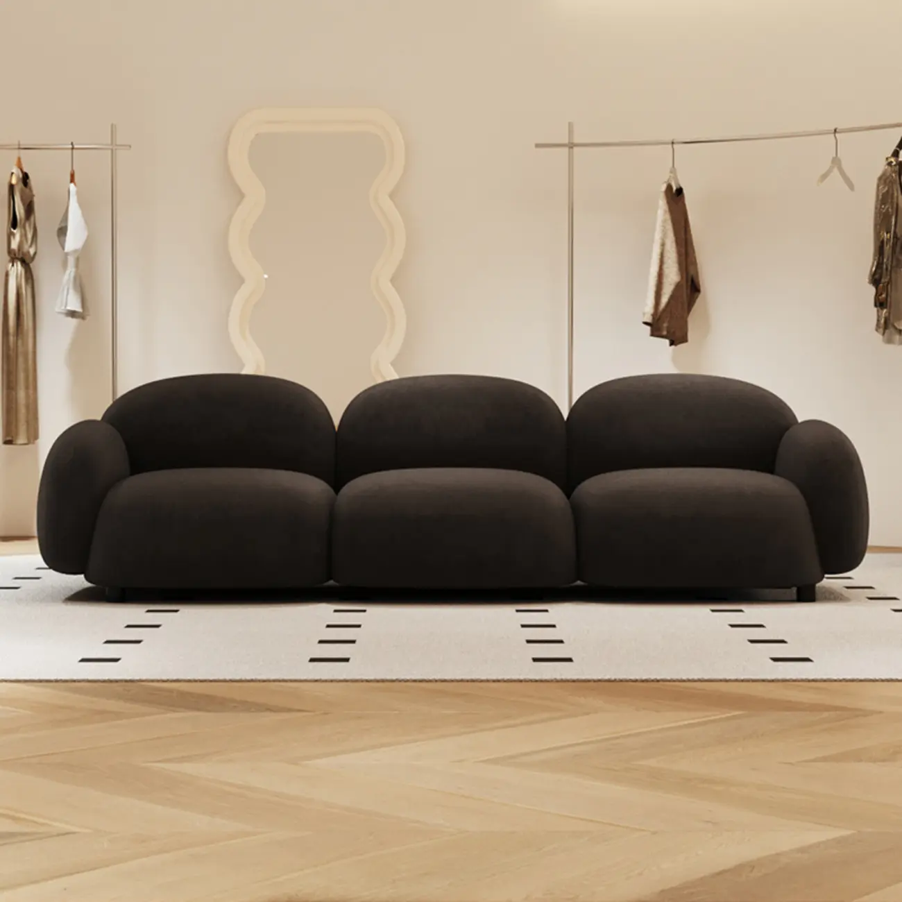 Modern Black Flannel Loveseat 3 Seater Upholstered Sofa for Living Room Image - 9 | homeyfad