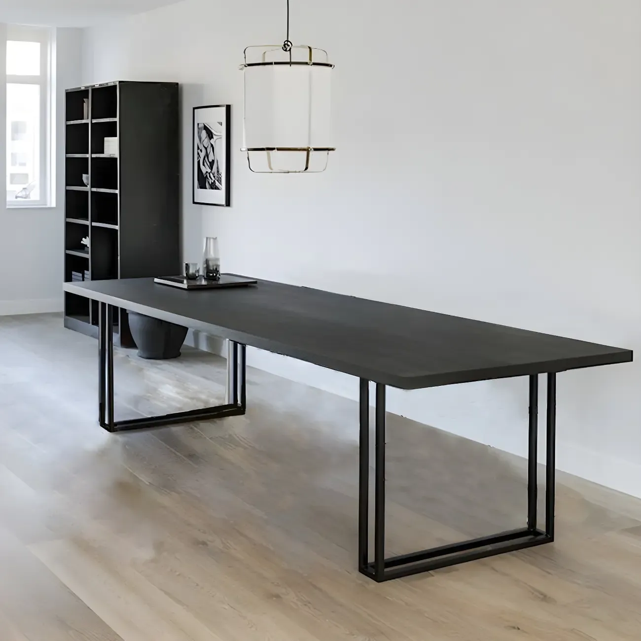 Industrial Black Rectangular Writing Desk with Metal Base Image - 2