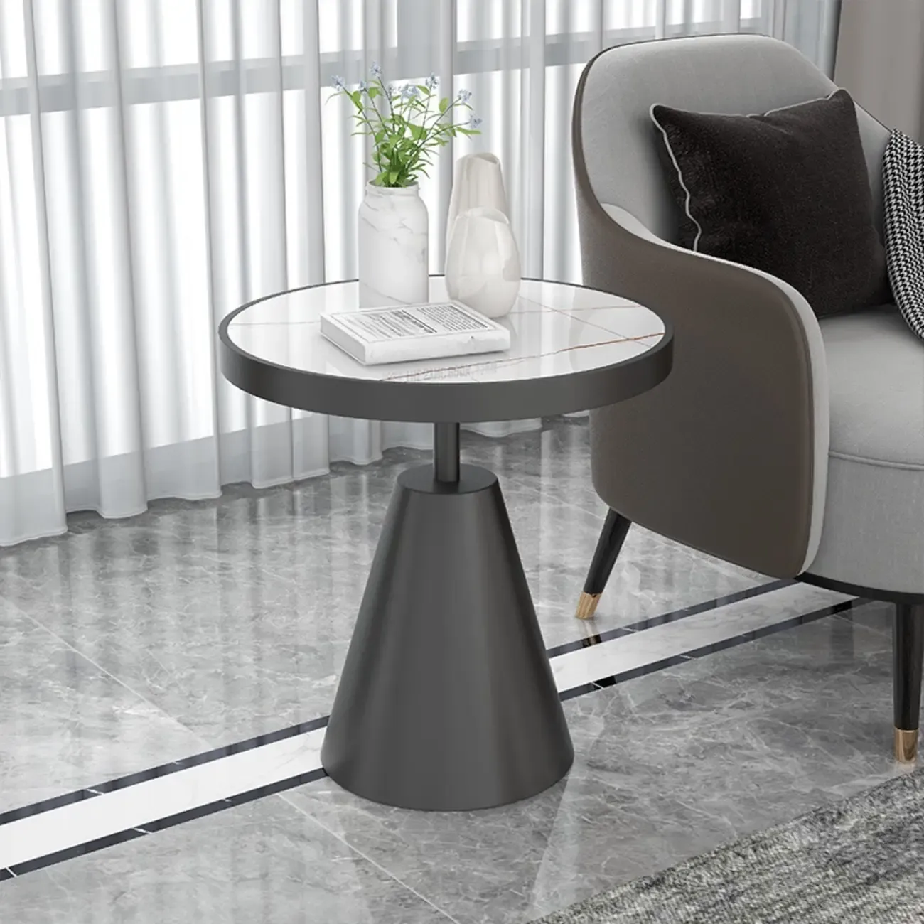 Art Deco Sintered Stone Circular Side Table Image - 1