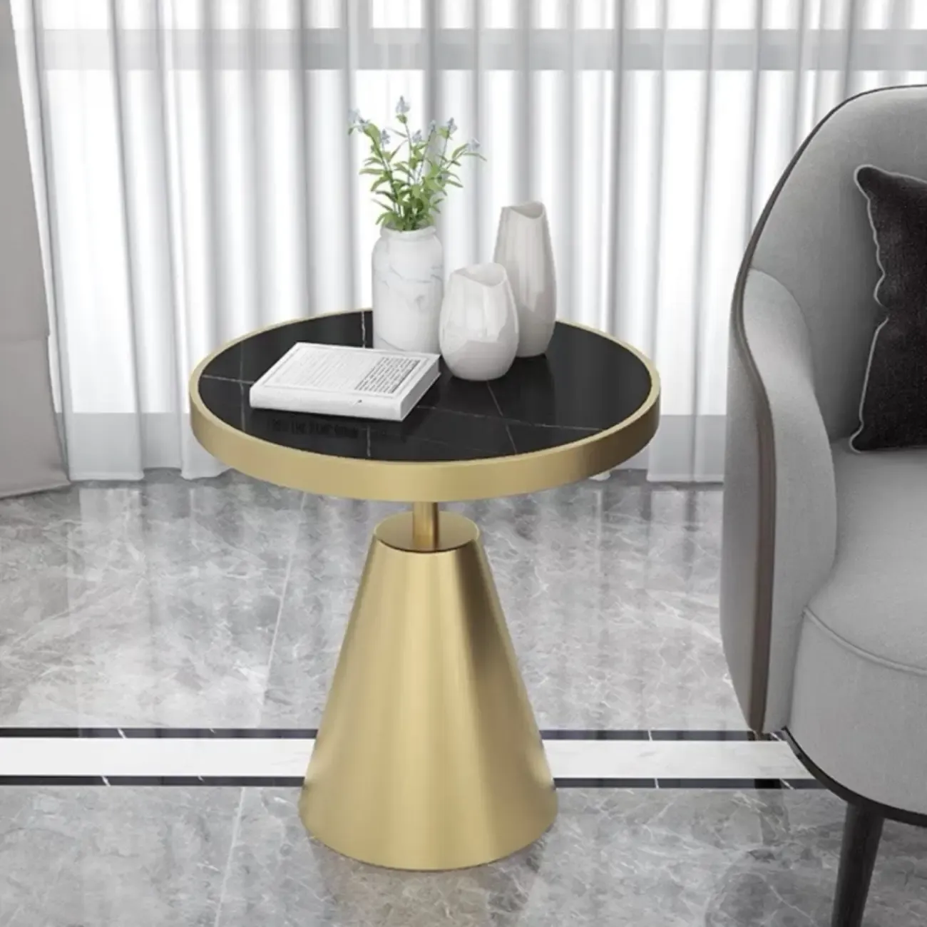 Art Deco Sintered Stone Circular Side Table Image - 12