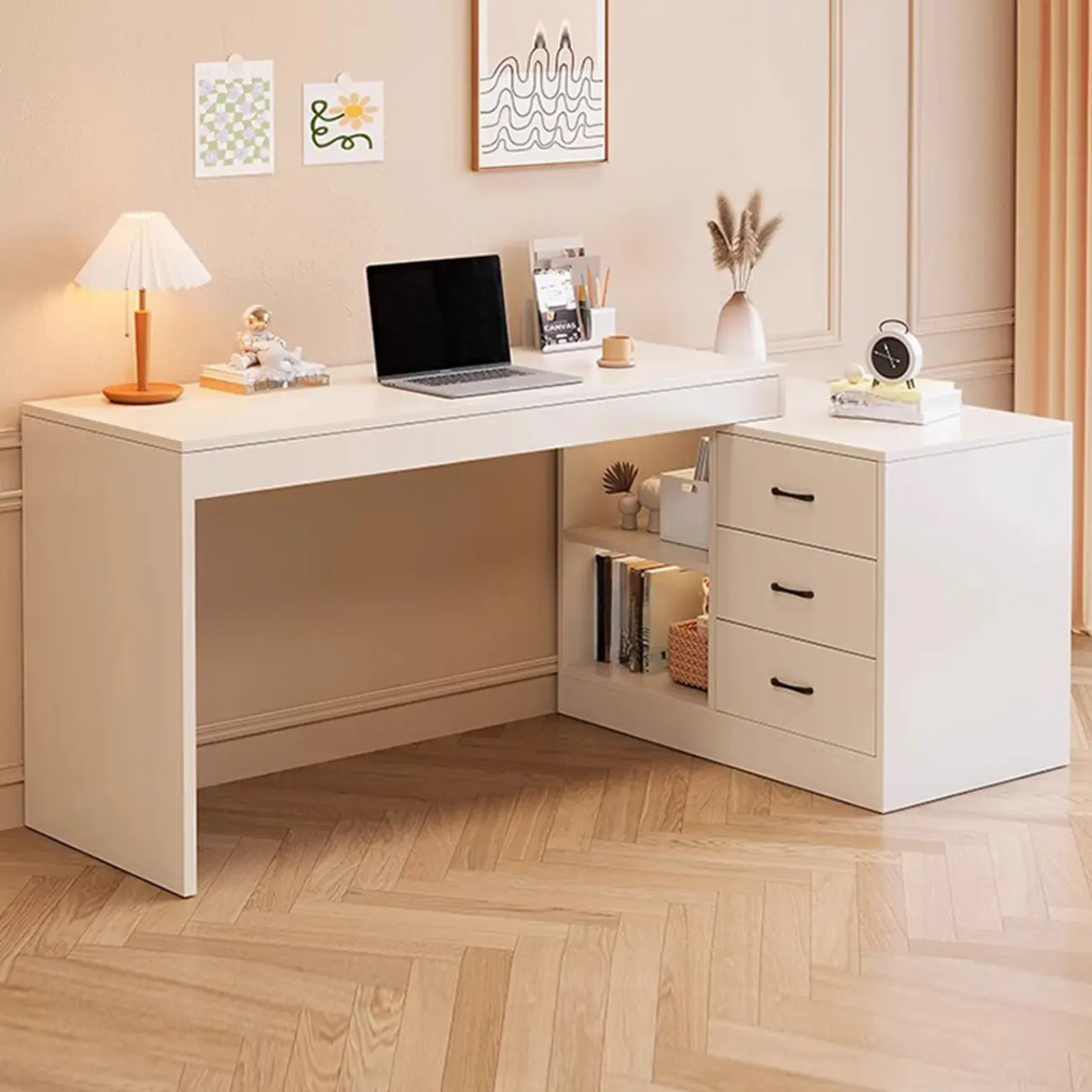 Reversible White Writing Desk with Drawers & Storage Shelves Image - 1 | homeyfad