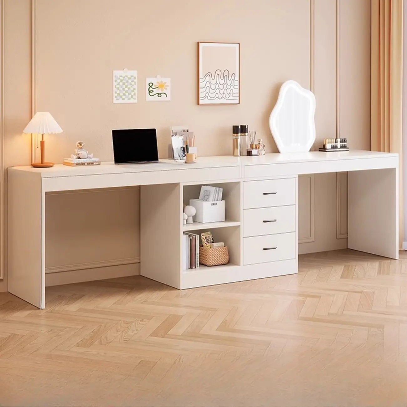 Reversible White Writing Desk with Drawers & Storage Shelves Image - 2 | homeyfad