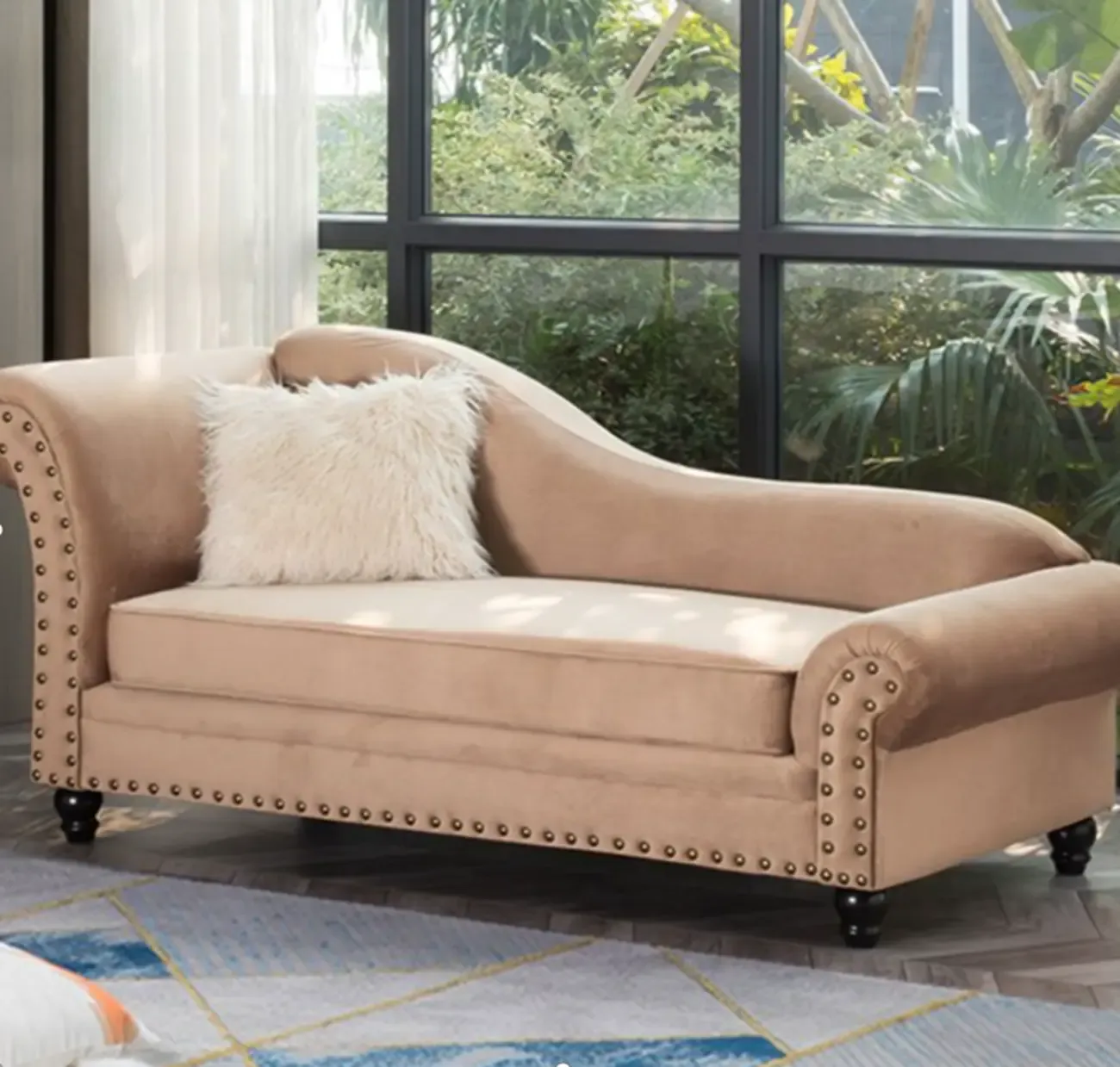 Modern Wooden One Arm Chaise Lounge with Nailhead Trim and Pillow Image - 1