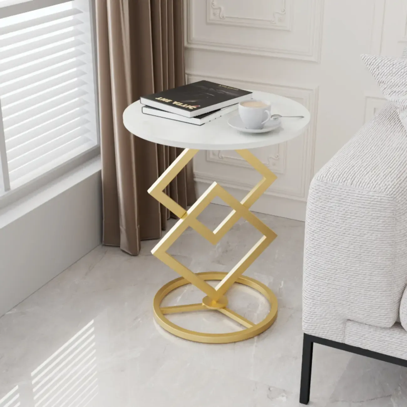 Contemporary Sintered Stone Circular Chairside Table with Framework Parlor, Table Only Image - 1