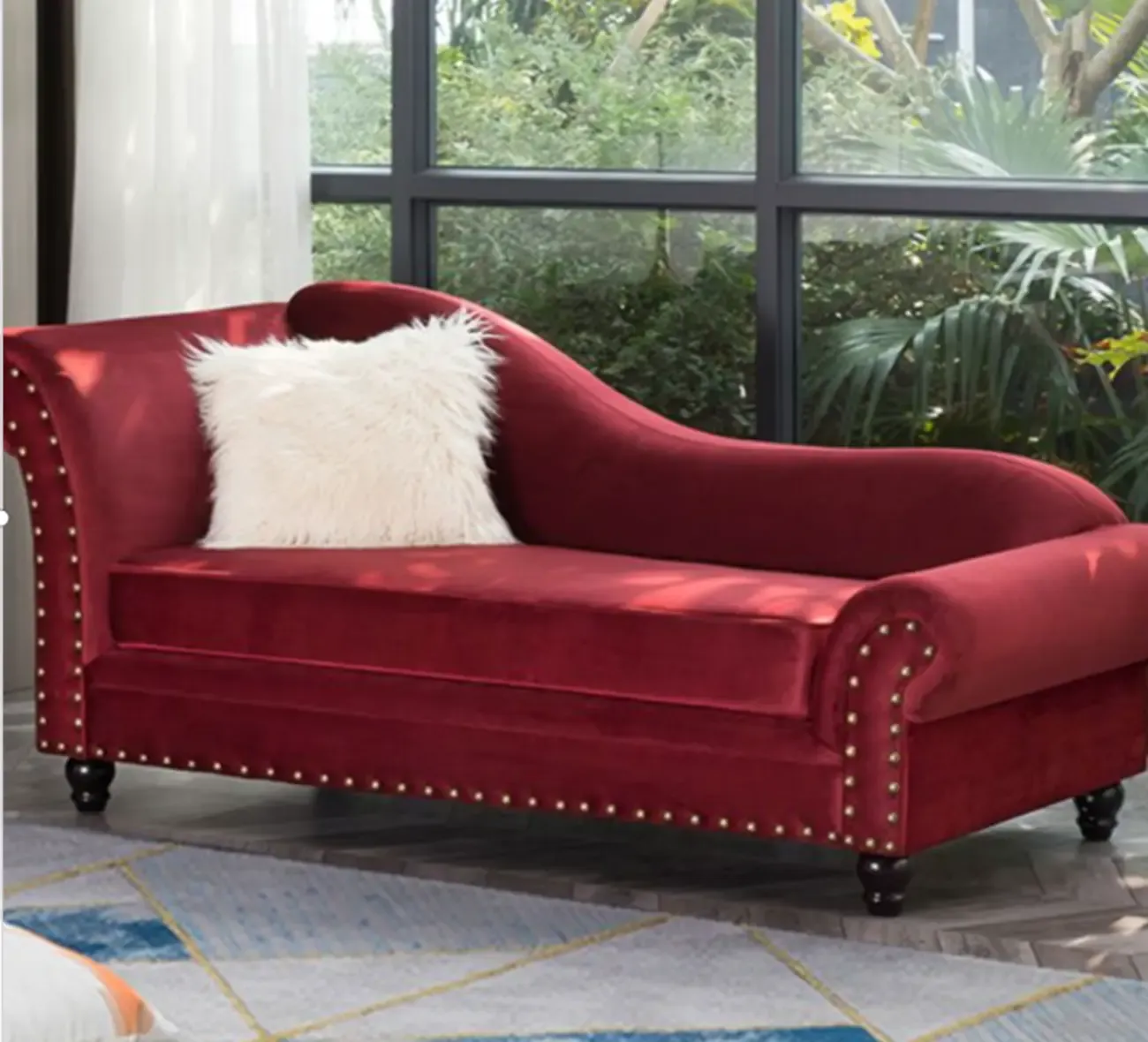 Modern Wooden One Arm Chaise Lounge with Nailhead Trim and Pillow Image - 3