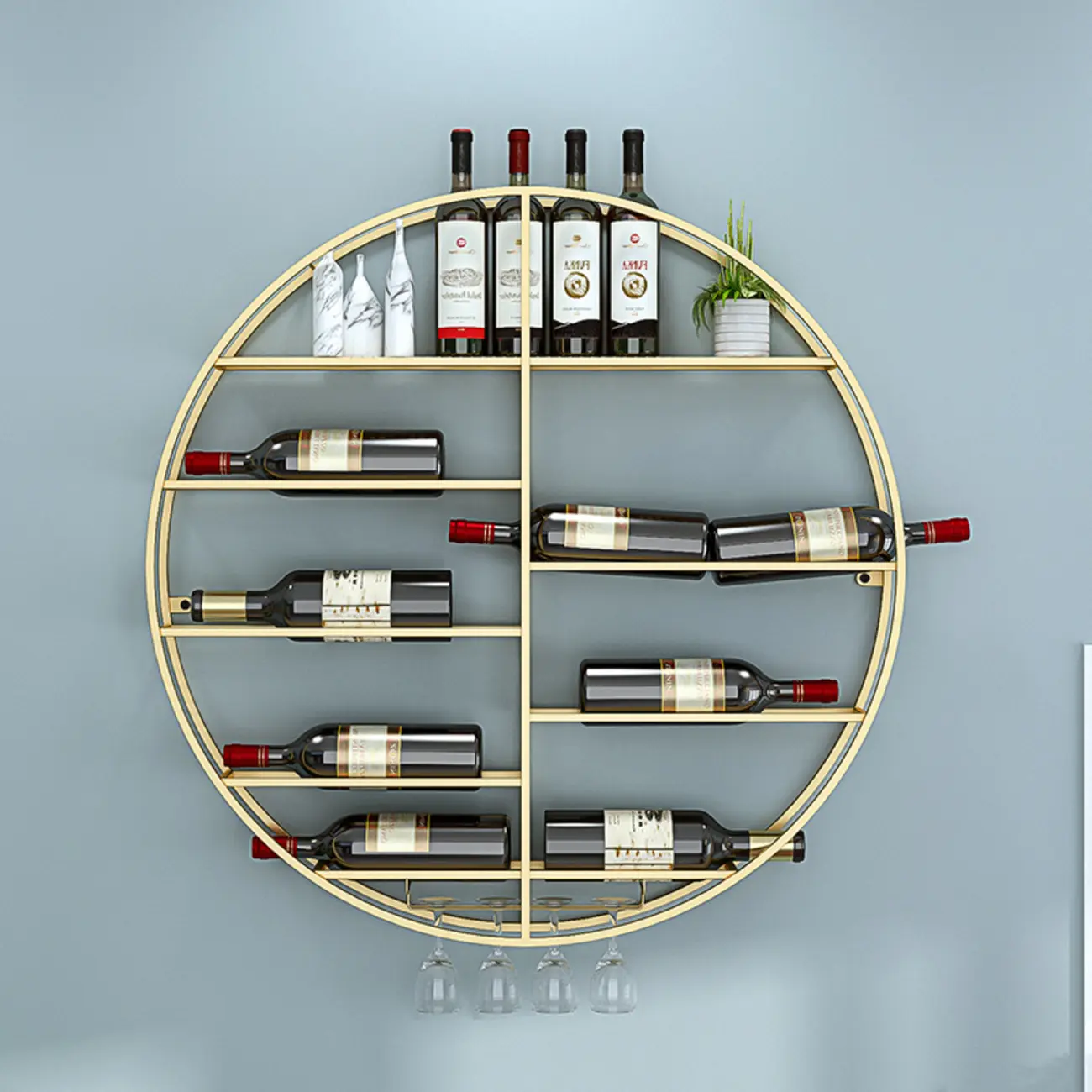 Round Wall Mounted Wine Racks Gold Metal Bottle Holder Image - 1 | homeyfad