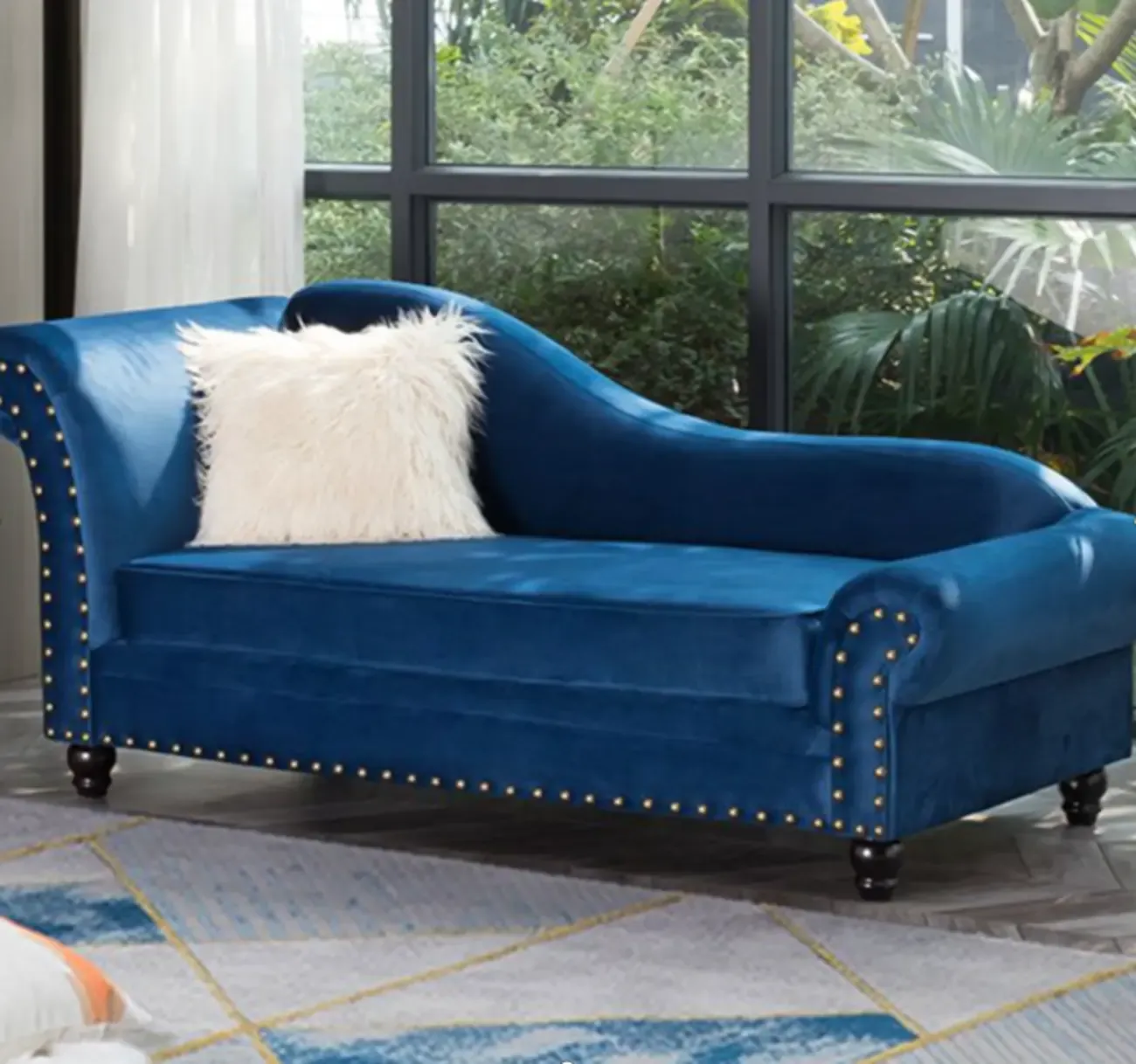 Modern Wooden One Arm Chaise Lounge with Nailhead Trim and Pillow Image - 6