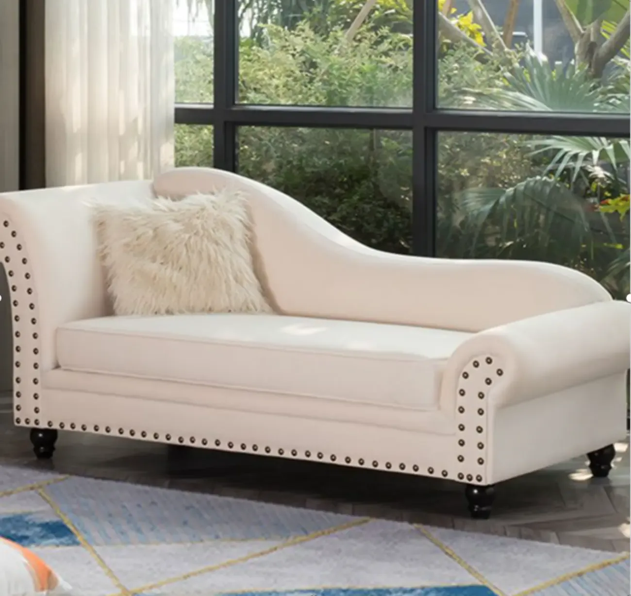 Modern Wooden One Arm Chaise Lounge with Nailhead Trim and Pillow Image - 7