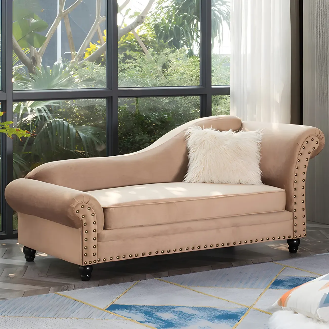 Modern Wooden One Arm Chaise Lounge with Nailhead Trim and Pillow Image - 10