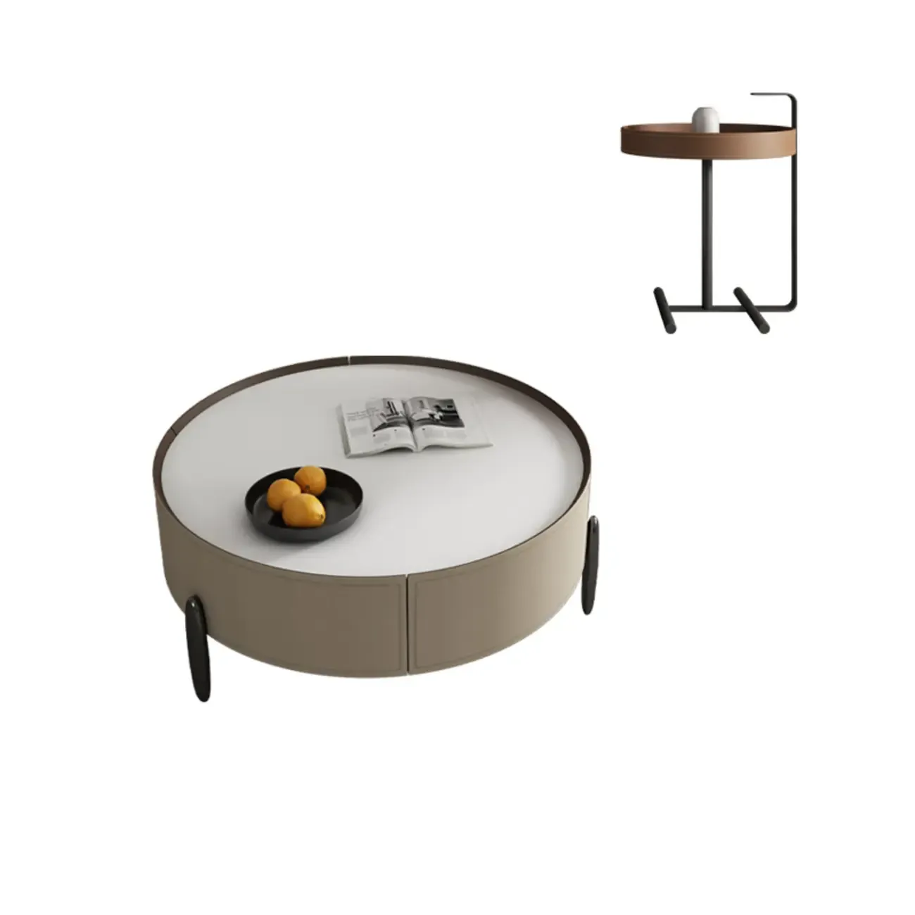 Modern Round Beige Coffee Table with Storage for Living Room Image - 2