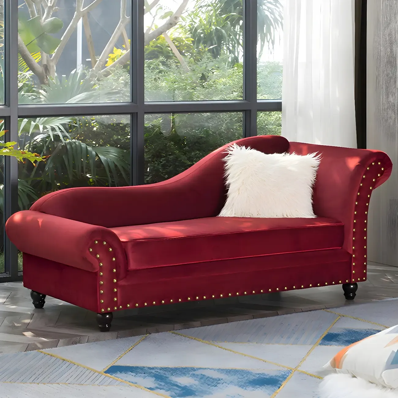 Modern Wooden One Arm Chaise Lounge with Nailhead Trim and Pillow Image - 15