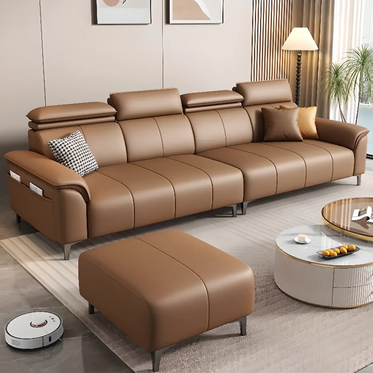 118''Modern Cocoa 3 Seater Parlor Sofa with Flared Arm and Ottoman Image - 1