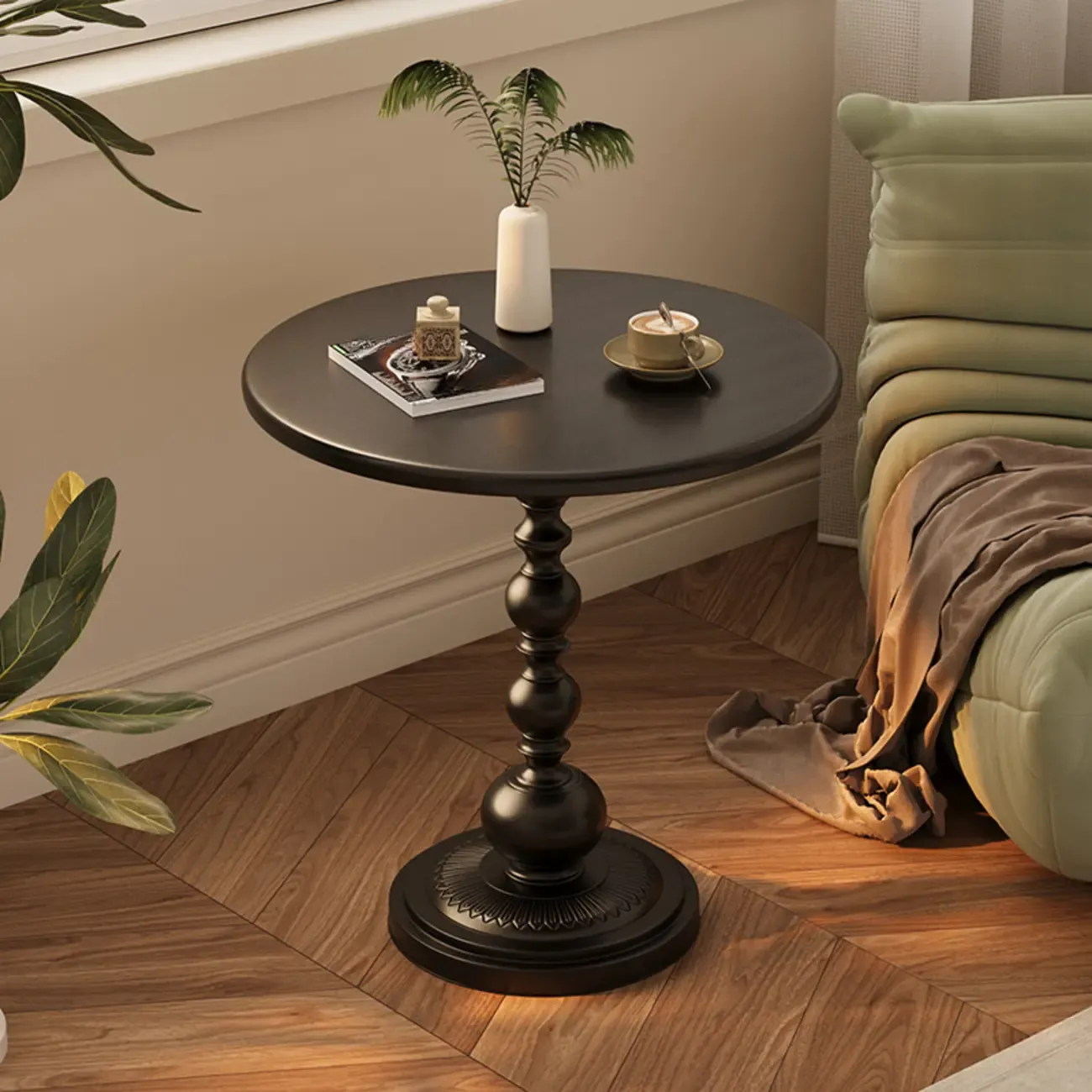 Trendy Metal Circular Side Table with Stump Base and Tray Top Image - 1