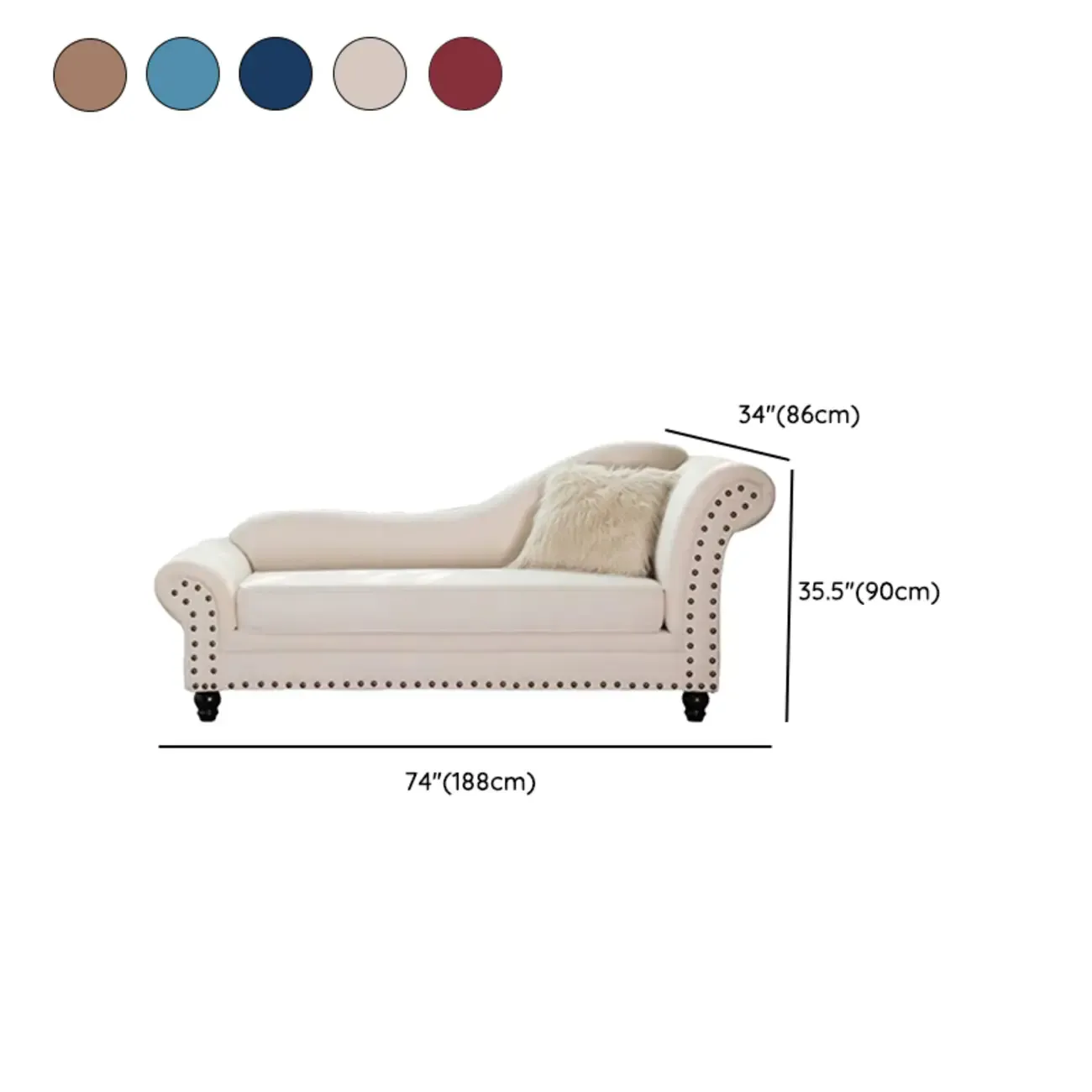 Modern Wooden One Arm Chaise Lounge with Nailhead Trim and Pillow #size