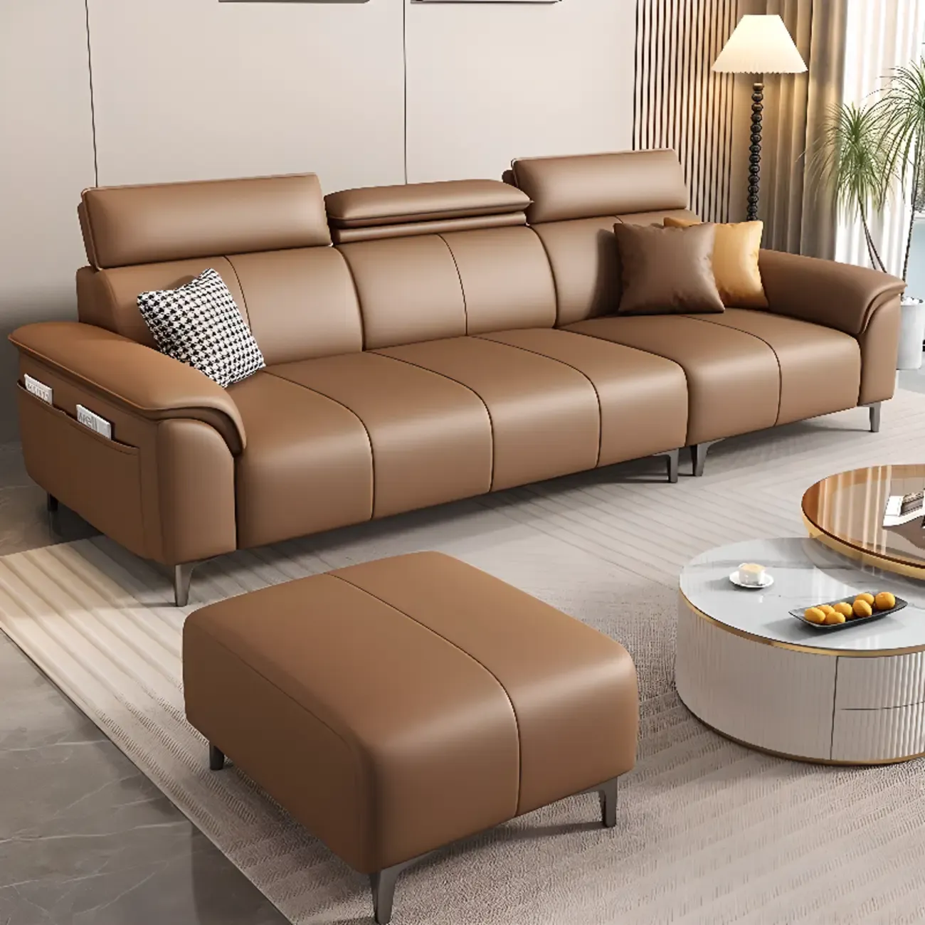 118''Modern Cocoa 3 Seater Parlor Sofa with Flared Arm and Ottoman Image - 4
