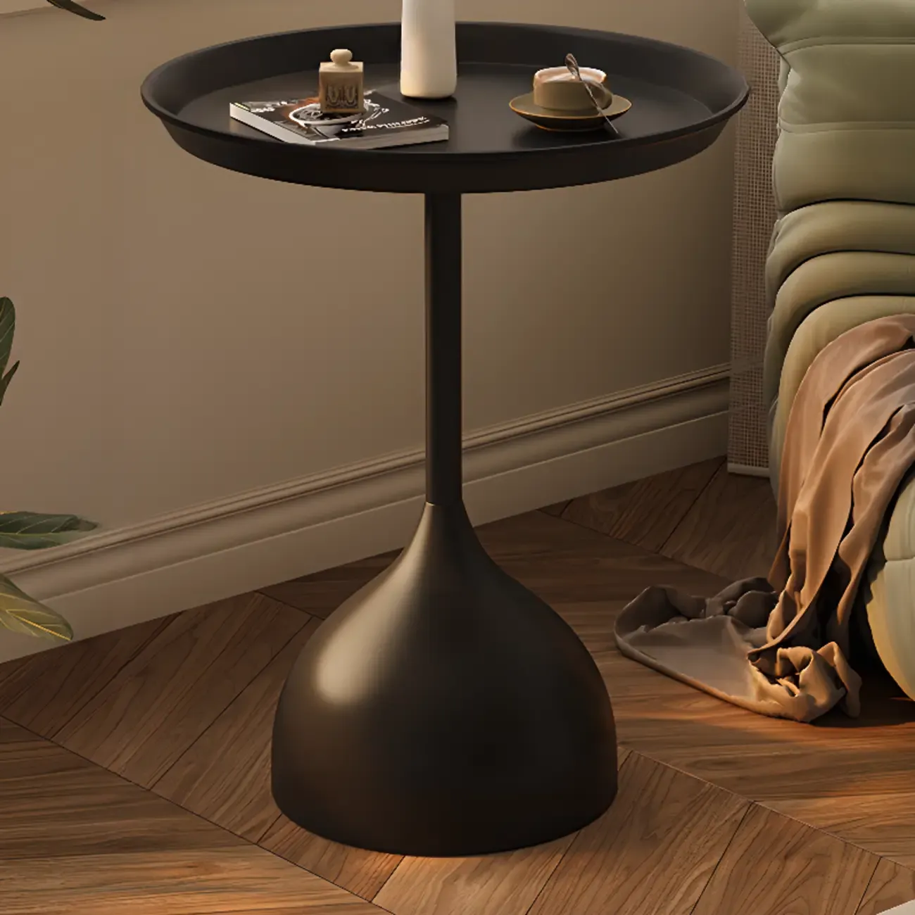 Trendy Metal Circular Side Table with Stump Base and Tray Top Image - 4
