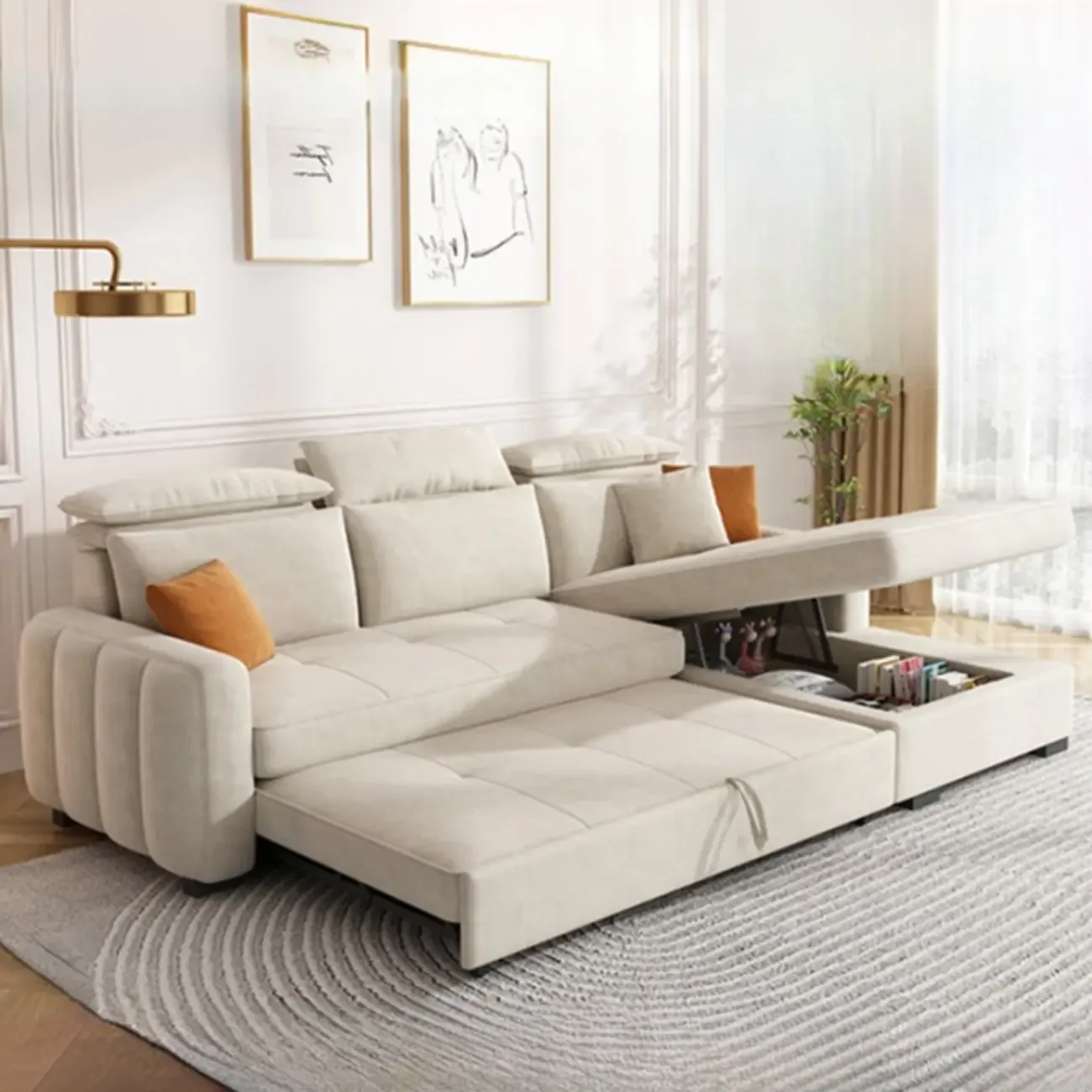L Shaped Beige Pull-Out Sectional Couch with Storage Rack and sofa bed Image - 1