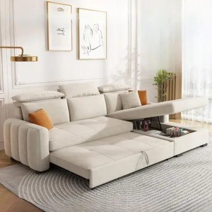 L Shaped Beige Pull-Out Sectional Couch with Storage Rack and sofa bed Image - 1