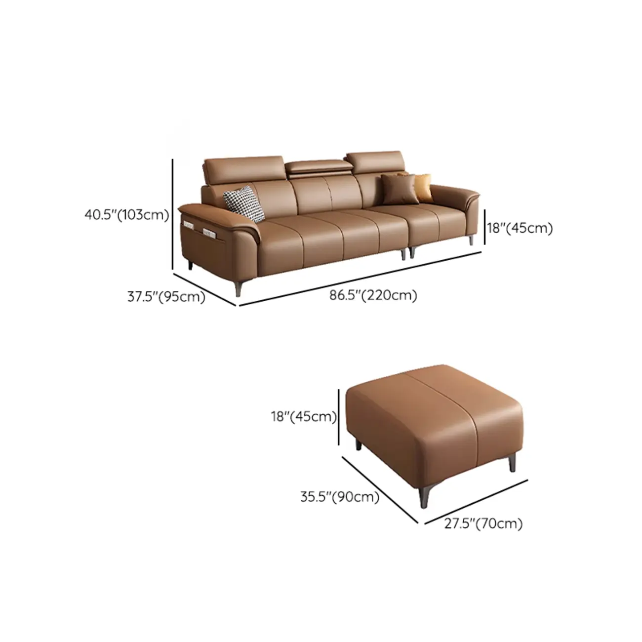 118''Modern Cocoa 3 Seater Parlor Sofa with Flared Arm and Ottoman #size | homeyfad