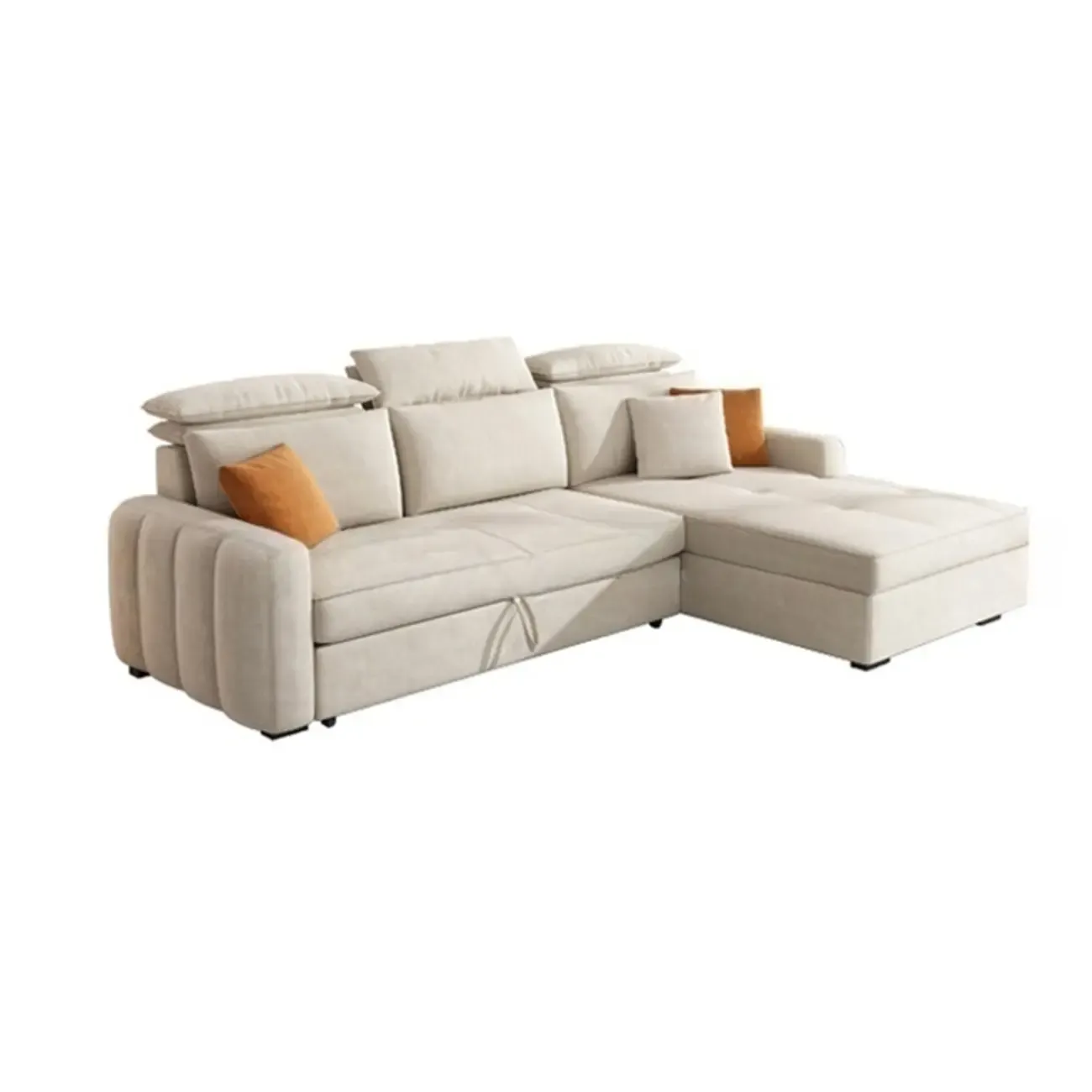 L Shaped Beige Pull-Out Sectional Couch with Storage Rack and sofa bed Image - 2