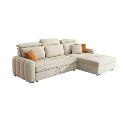 L Shaped Beige Pull-Out Sectional Couch with Storage Rack and sofa bed Image - 2