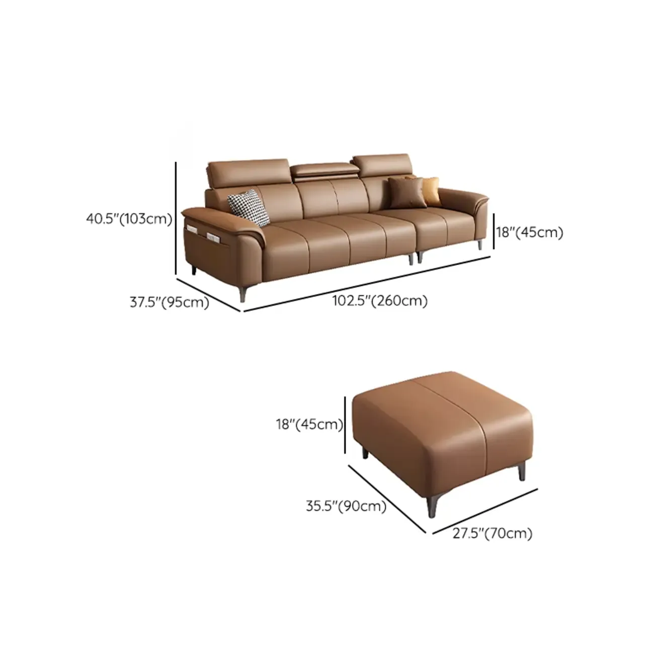 118''Modern Cocoa 3 Seater Parlor Sofa with Flared Arm and Ottoman Image - 11