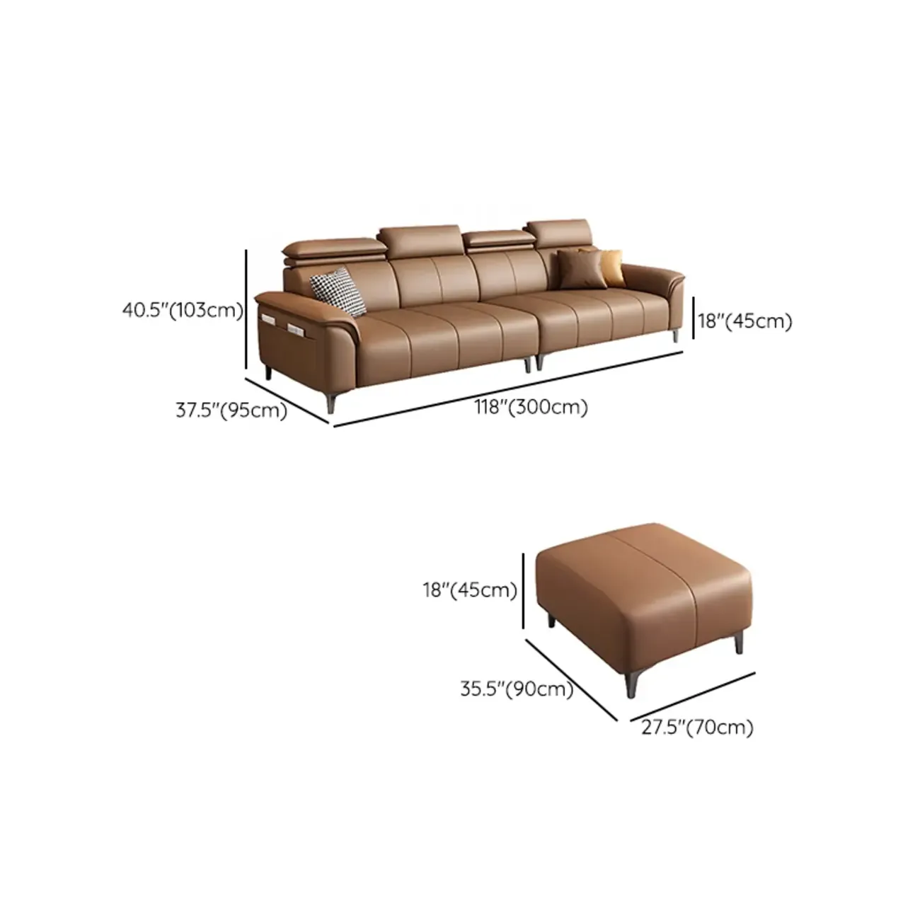 118''Modern Cocoa 3 Seater Parlor Sofa with Flared Arm and Ottoman Image - 12