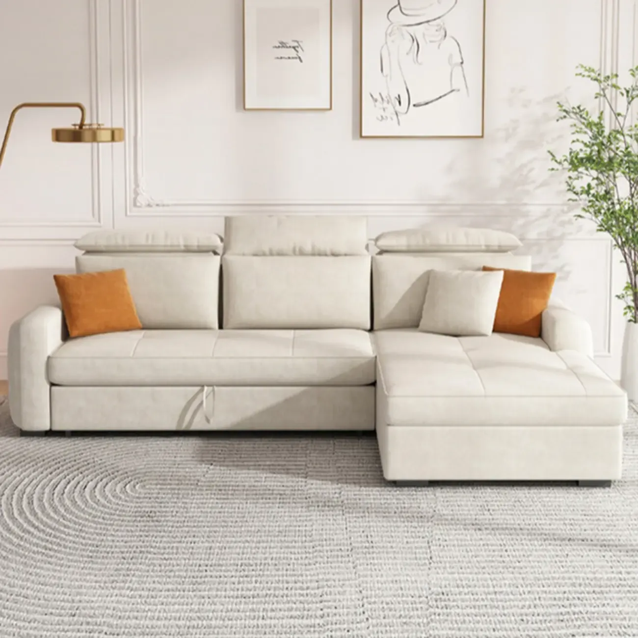 L Shaped Beige Pull-Out Sectional Couch with Storage Rack and sofa bed Image - 4