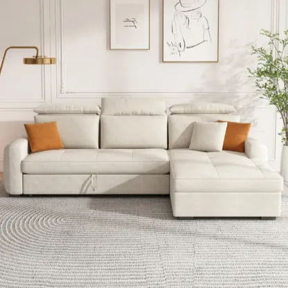 L Shaped Beige Pull-Out Sectional Couch with Storage Rack and sofa bed Image - 4
