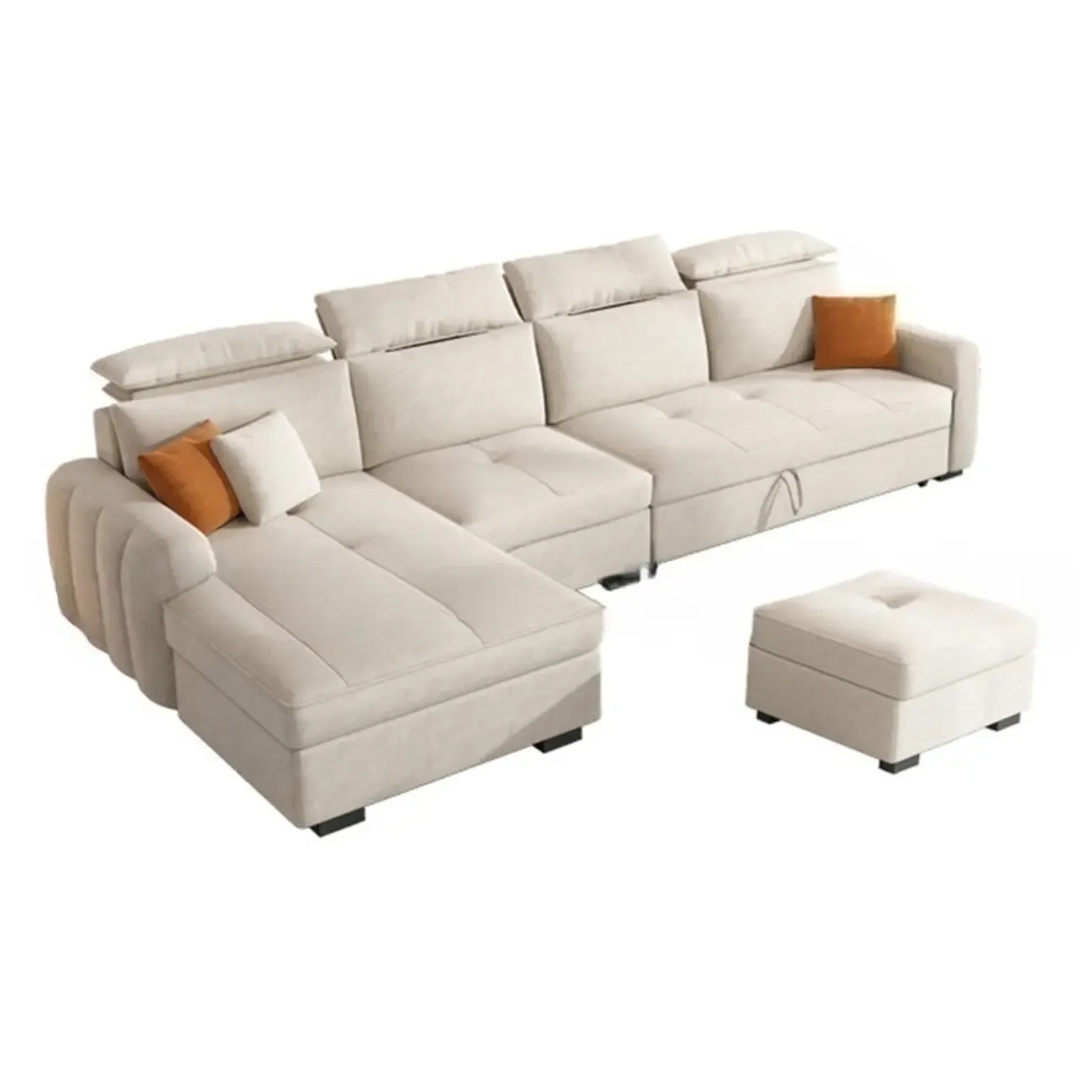 L Shaped Beige Pull-Out Sectional Couch with Storage Rack and sofa bed Image - 5