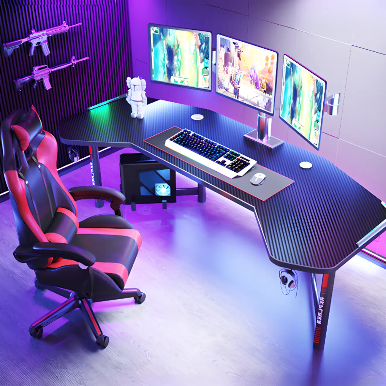 Curved Corner Wooden Gaming Desk with Metal Base Image - 1 | homeyfad