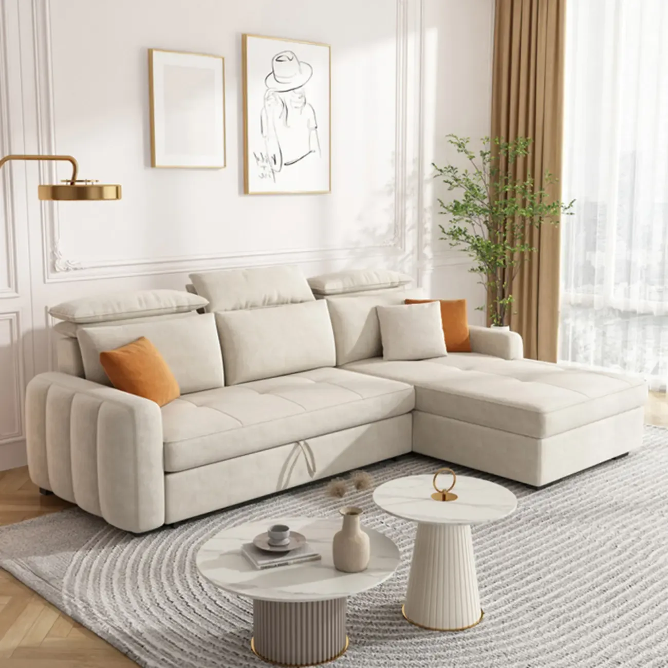 L Shaped Beige Pull-Out Sectional Couch with Storage Rack and sofa bed Image - 6