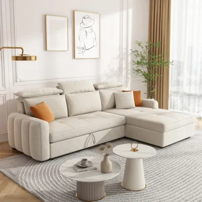 L Shaped Beige Pull-Out Sectional Couch with Storage Rack and sofa bed Image - 6