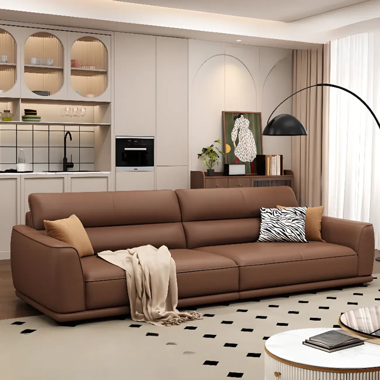 Contemporary Brown Leather 3-Seater Sofa for Living Room Image - 1