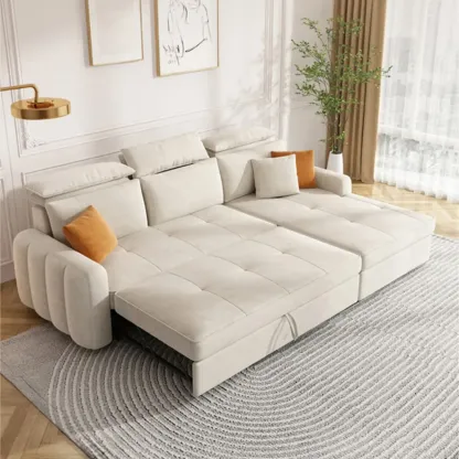 L Shaped Beige Pull-Out Sectional Couch with Storage Rack and sofa bed Image - 7