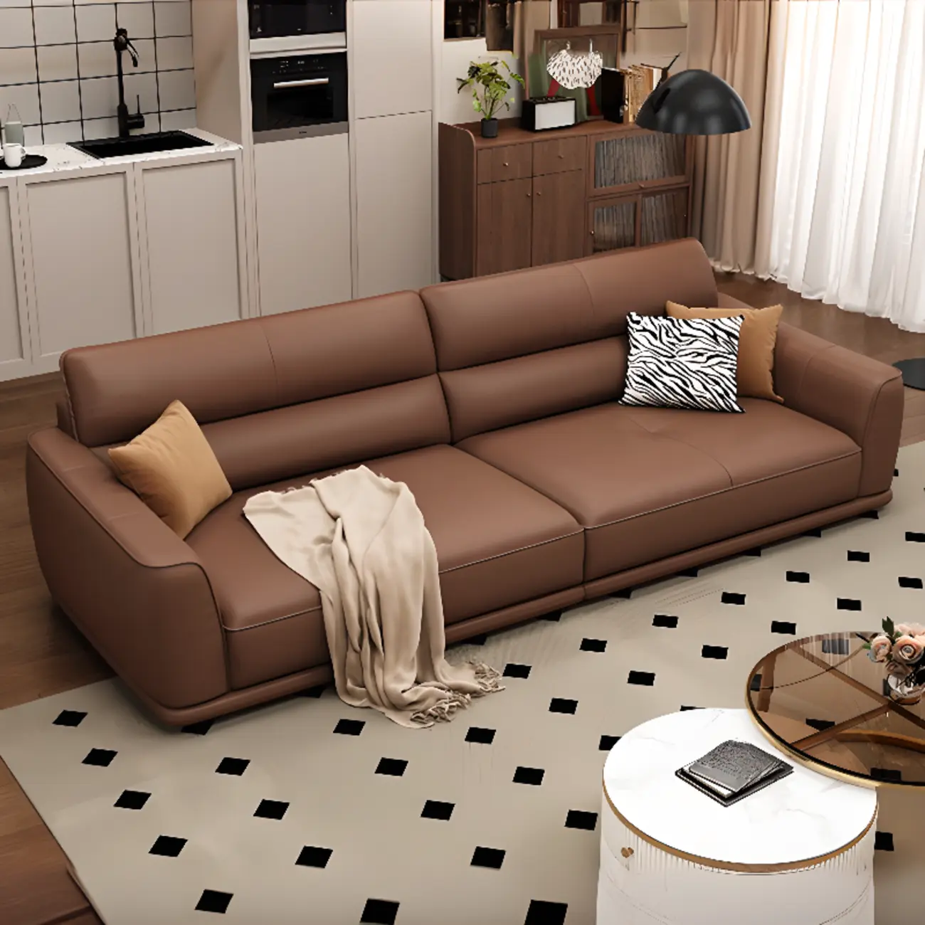 Contemporary Brown Leather 3-Seater Sofa for Living Room Image - 4 | homeyfad
