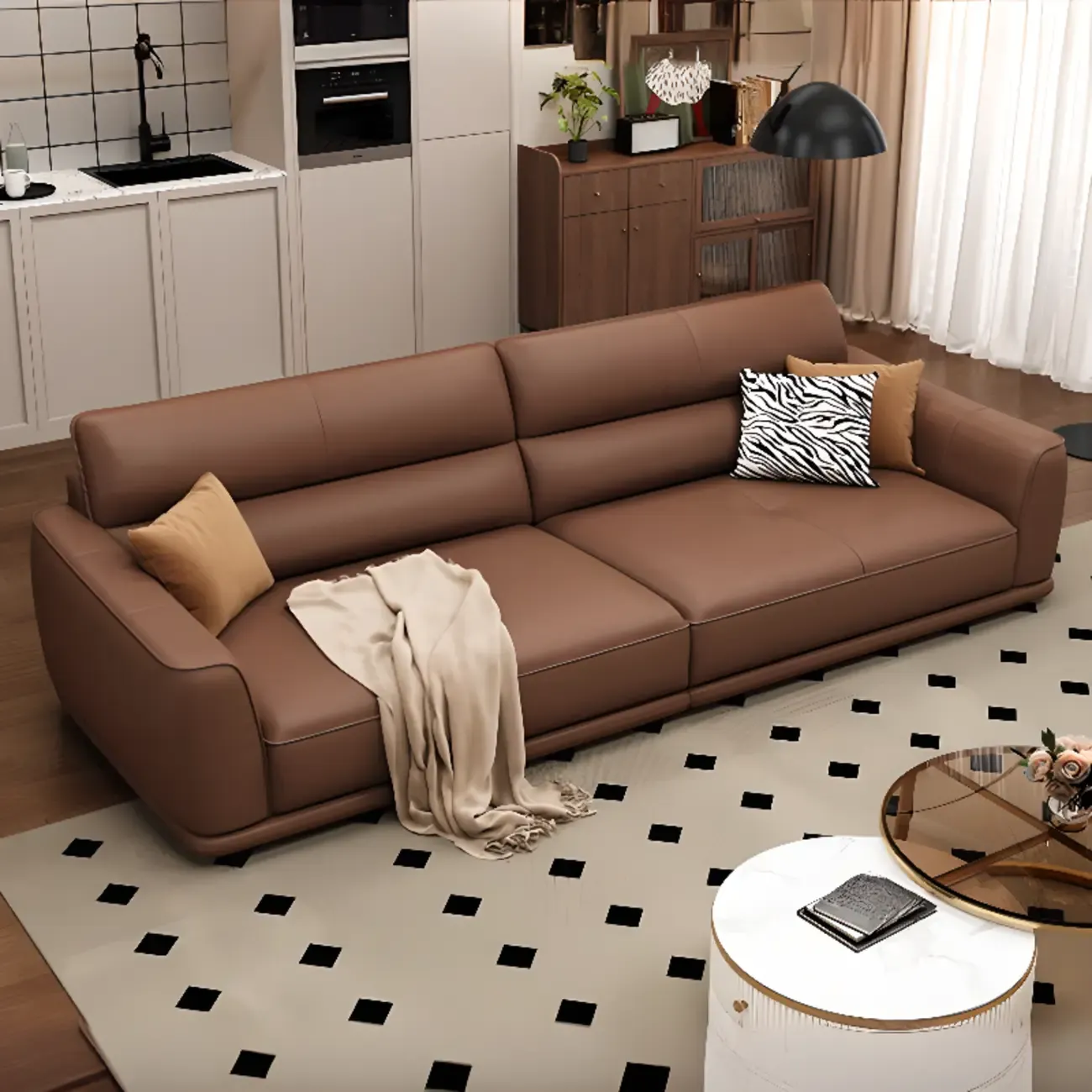 Contemporary Brown Leather 3-Seater Sofa for Living Room Image - 4
