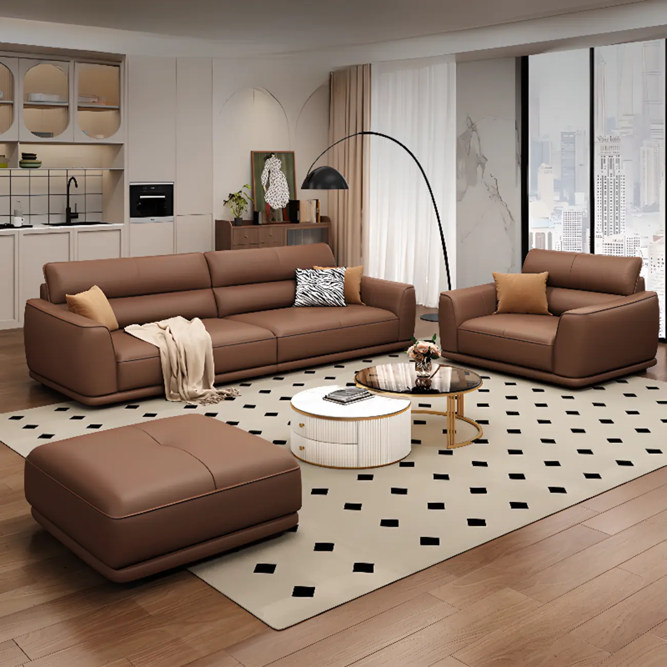 Contemporary Brown Leather 3-Seater Sofa for Living Room Image - 6 | homeyfad