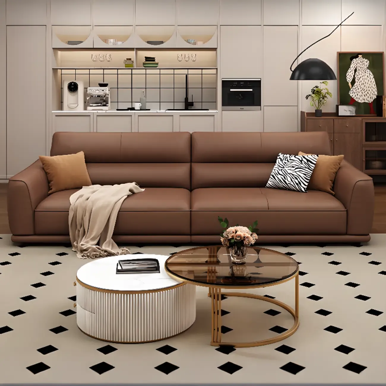 Contemporary Brown Leather 3-Seater Sofa for Living Room Image - 7