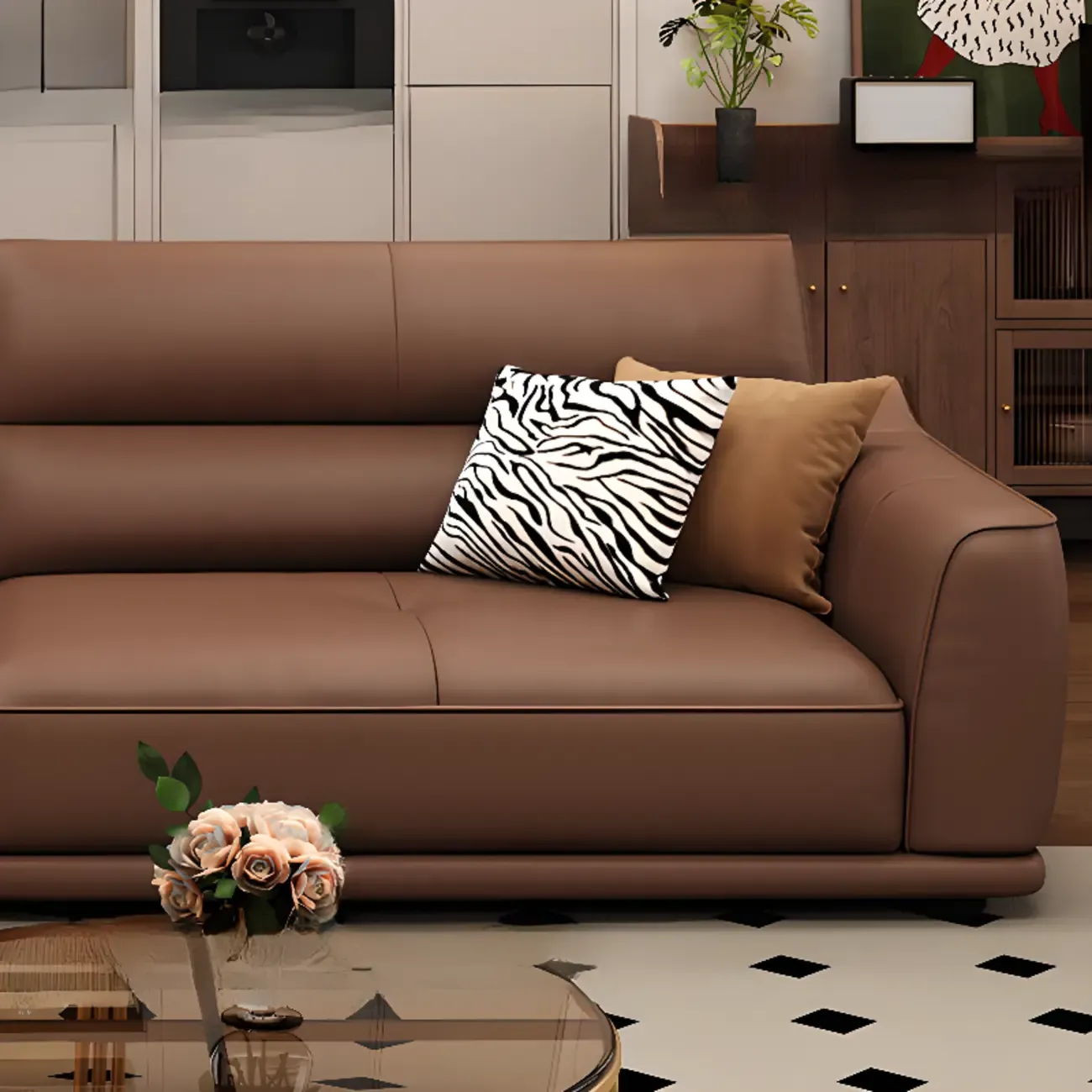 Contemporary Brown Leather 3-Seater Sofa for Living Room Image - 9