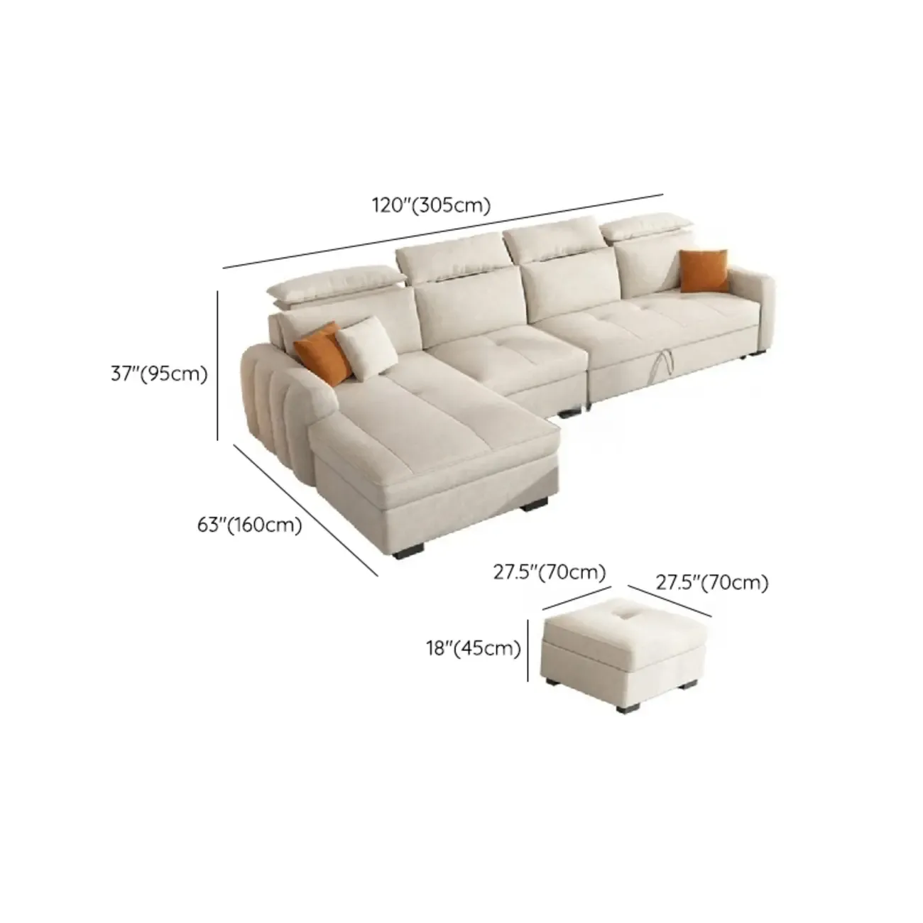 L Shaped Beige Pull-Out Sectional Couch with Storage Rack and sofa bed Image - 16