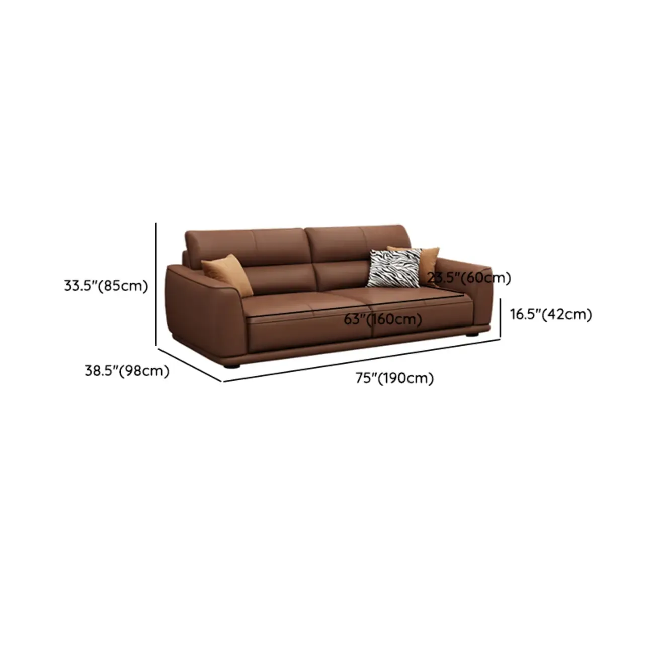 Contemporary Brown Leather 3-Seater Sofa for Living Room #size