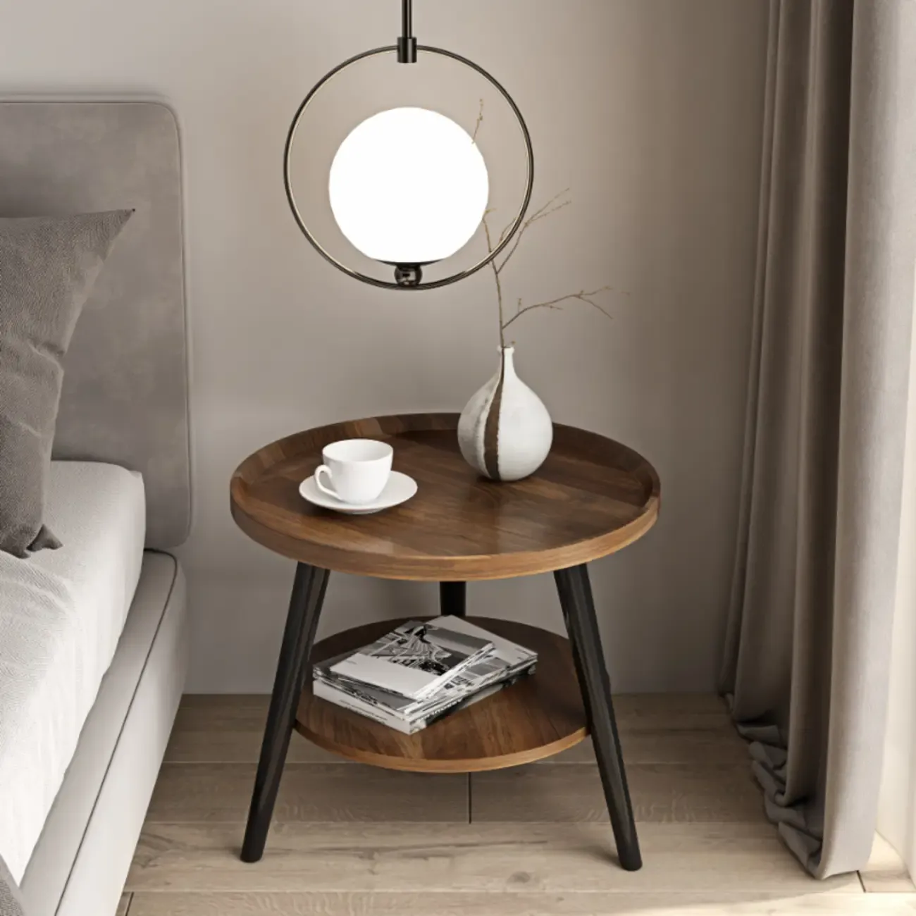 Round End Table with 2-tier Storage Shelves Image - 1