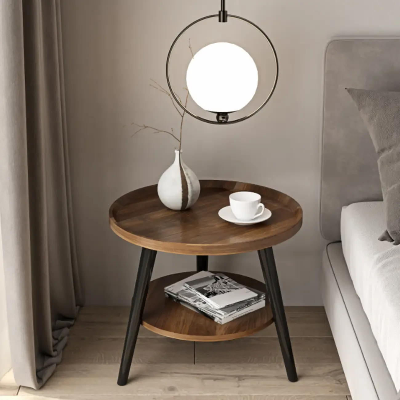 Round End Table with 2-tier Storage Shelves Image - 4