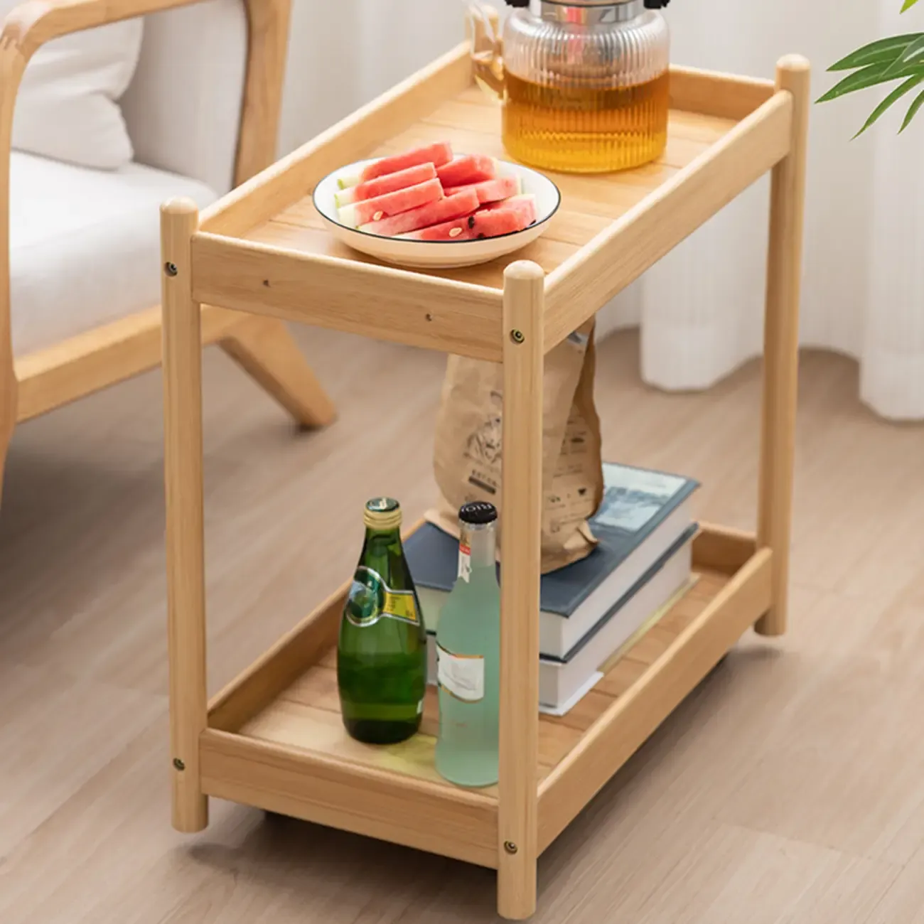 Wooden 2-Tier Side Table with Wheels for Living Room Image - 2