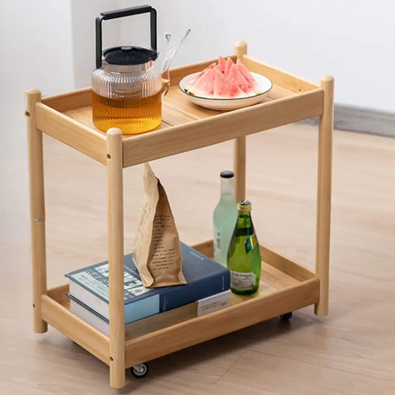 Versatile 2 Tiers Wooden Snack Side Table with Swivel Wheels for Living Room | Homeyfad