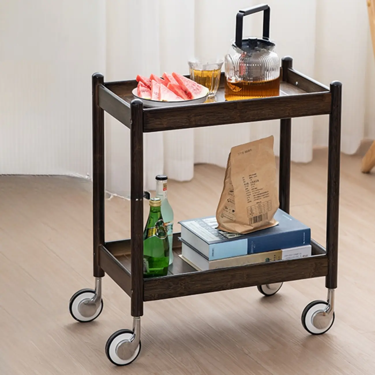 Wooden 2-Tier Side Table with Wheels for Living Room Image - 4 | homeyfad