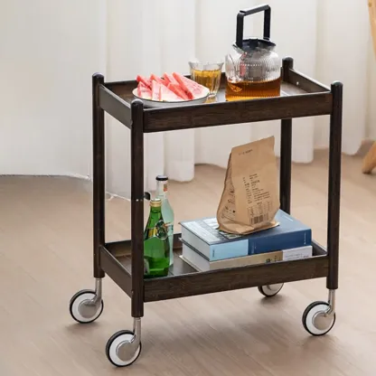 Wooden 2-Tier Side Table with Wheels for Living Room Image - 4