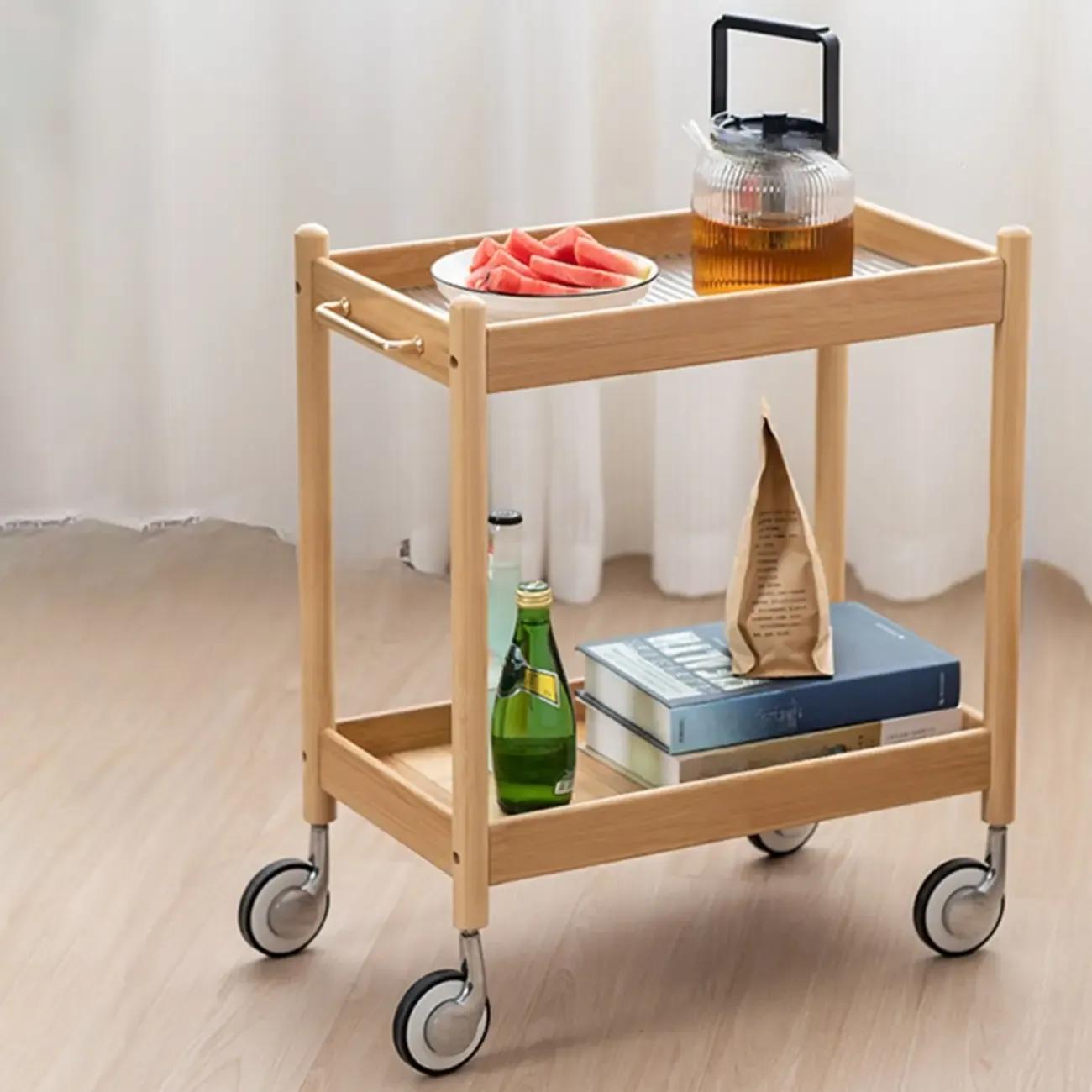 Wooden 2-Tier Side Table with Wheels for Living Room Image - 5